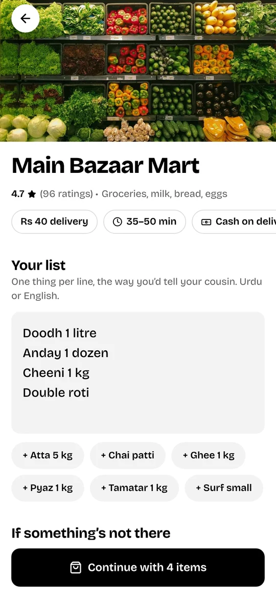 Writing a shopping list for the mart in the Pheri app